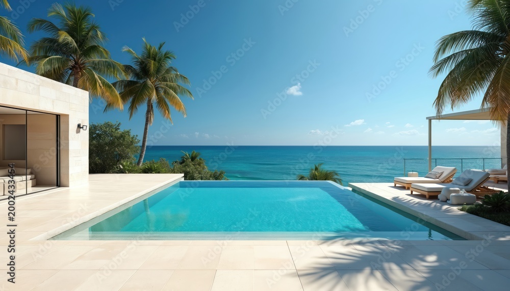 Fototapeta premium Luxury villa with infinity pool and ocean view. Modern minimalist architecture, palm trees surround beach. Coastal vacation setting with clear blue water.