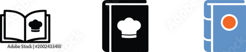 Set of cookbook and recipe book vector icons featuring chef hat symbols and colorful book covers for culinary arts and cooking.
