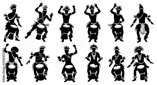 Silhouettes of African drummers performing energetic dances.