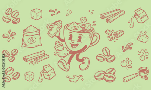 American Viral Drink Vintage 1930s Rubber Hose Style Iced Brown Sugar Shaken Espresso Mascot Doodle Set