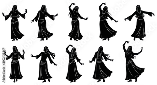 Silhouettes of women dancing in traditional attire expressing movement and grace.