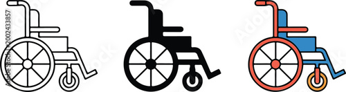 Set of wheelchair icons in outline solid and colorful styles representing accessibility medical mobility equipment for disabled people and patients.