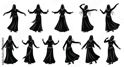 Silhouettes of women performing traditional Middle Eastern dance in various poses.