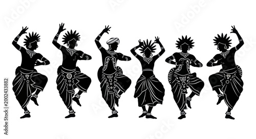 Six silhouettes of traditional Indian dancers performing a classical dance.