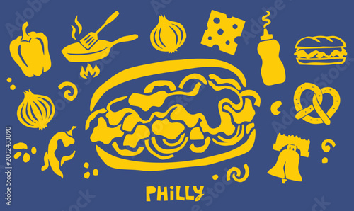 Vintage 1930s Rubber Hose Style Philly Cheesesteak and Philadelphia Street Food Doodle Set