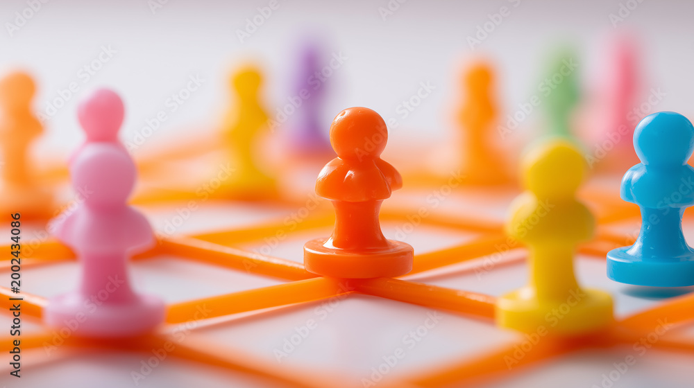 Obraz premium Game pieces connected on a strategic board, symbolizing teamwork, leadership planning, organizational networks, and collaborative decision making. 