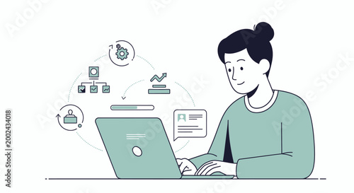 Woman working on laptop computer.