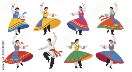 Traditional folk dancers in colorful costumes performing a lively routine.