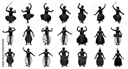 Traditional Indian dancers performing various poses and movements in silhouette.