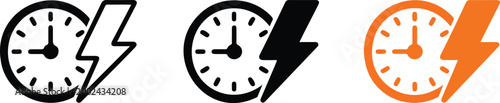 Set of clock and lightning bolt icons representing fast time quick service rapid performance and efficient energy management in vector format.