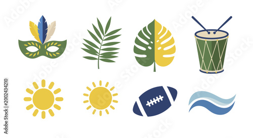 Vibrant collection of Brazilian Carnival and tropical elements, including a mask, palm leaves, sun, drum, rugby ball, and waves.