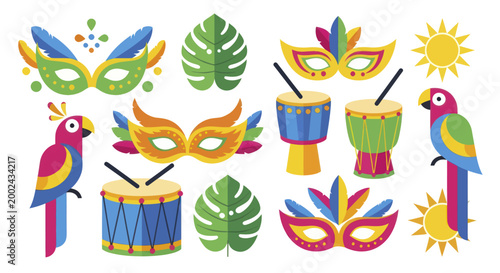 Vibrant Carnival Celebration with Masks, Drums, Parrots, and Tropical Leaves.