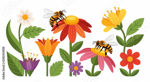 Whimsical vector illustration of honeybees pollinating colorful flowers in a vibrant garden against a white background, conveying a cheerful and naturalistic mood with stylized botanical
