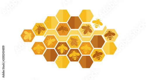A flat vector illustration displays a honeycomb pattern filled with bee silhouettes in varying shades of yellow and brown against a clean white background, creating a simple and symbolic