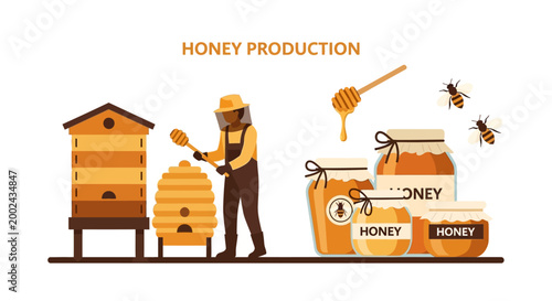 A beekeeper wearing protective gear is depicted in a flat vector illustration, holding a honey dipper near beehives, with jars of honey and flying bees against a clean white background