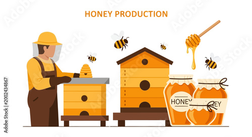A beekeeper wearing protective gear tends to honey production near stacked beehives and jars, depicted in a flat vector illustration against a white background with a warm and inviting