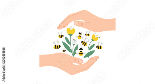 Illustrated hands gently cradle a cluster of stylized yellow flowers and buzzing bees against a clean white backdrop, creating a flat lay composition with a vibrant and nurturing mood