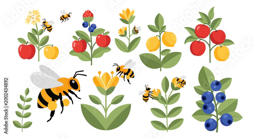 A flat lay illustration features bees pollinating apple, blueberry, and lemon trees against a white background, showcasing simple, geometric shapes and vibrant colors that evoke a cheerful