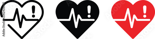 Set of heart rate monitor icons with exclamation mark representing medical emergency cardiac alert pulse warning and healthcare heartbeat diagnostic symptoms.