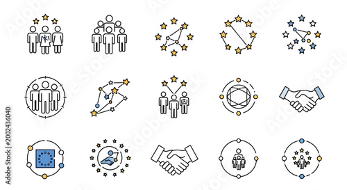Minimalist vector illustration depicting symbols of European Union cooperation and Europe Day celebration people in outline style, set against a clean white background with a focus on unity