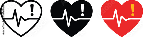 Set of heart rate monitor icons with exclamation mark representing medical emergency cardiac alert pulse warning and healthcare heartbeat diagnostic symptoms.