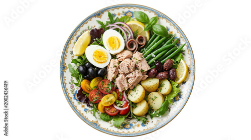 Traditional Niçoise Salad with Tuna, Boiled Eggs, Olives, and Crisp Vegetables on a Clean White Background