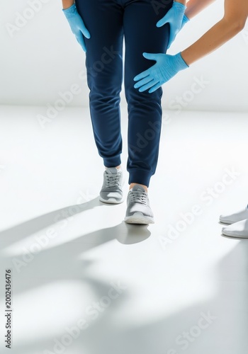 Lower limbs walking during a rehabilitation session as supportive hands guide steady steps across a clean clinical floor in bright light, assistance, hands, orthopedic