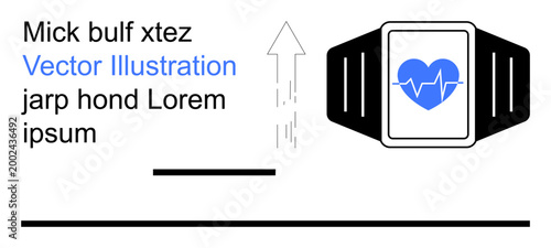 Health monitoring, fitness tracking, technology innovation, wearable devices, medical progress, heart health. A smartwatch with a heart icon and an upward arrow. Health monitoring and fitness