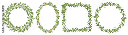 Olive branch frame set vector food illustration. Hand drawn round and oval wreath with green tree branch and leaves. Fresh organic ingredient for botanical menu design. Perfect for product packaging.