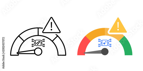 Confidence drop alert symbol. Gauge meter with pointer decreasing and alert indicator. AI confidence decline warning. Simple geometric illustration.