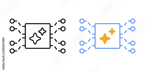 Output uncertainty range symbol. AI output splitting into dotted paths. Multiple possible outcomes visualization. Simple geometric illustration.