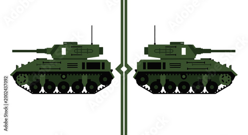 Two green military tanks facing each other, symmetrical design on white background