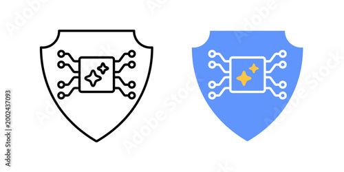 Safe mode activation symbol. AI node enclosed in shield with restricted outgoing paths. Limited operation control system. Simple geometric illustration.