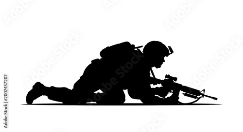 Soldier Silhouette Crawling with Rifle on White Background