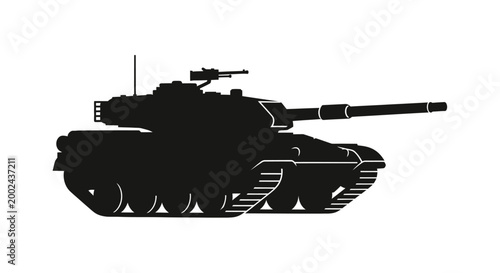 Silhouette of a modern battle tank with turret and gun isolated on white background.