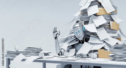 A futuristic silver robot sits at an office desk, completely overwhelmed and buried under a massive avalanche of white paper sheets and files, files, stress, work