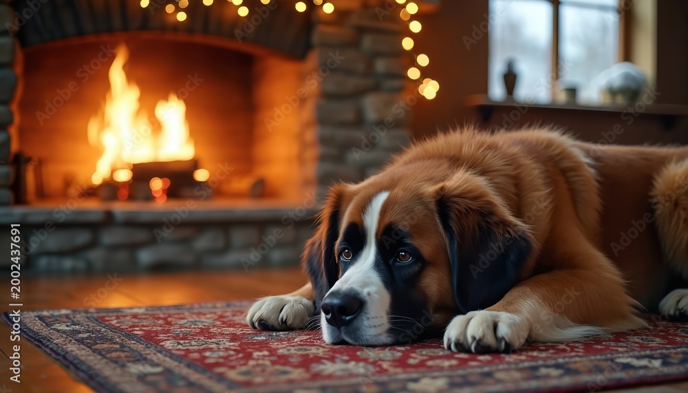 Naklejka premium Large Saint Bernard dog rests on rug near warm fireplace. Cozy home interior scene. Fluffy pet relaxes by fire glow. Winter comfort indoors.
