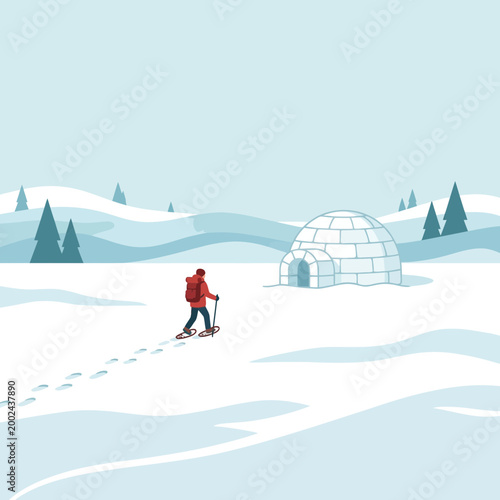 Winter Hiker in Snowshoes Walking Towards an Igloo in a Snowy Arctic Landscape. Vector Illustration for Adventure, Outdoor Survival, Cold Climate Travel, and Northern Expedition Themes.