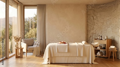 Spa room with massage table stone wall and sunset window