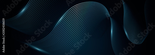 Dark background with glowing wavy blue lines. Minimalist design with dynamic curved line style.