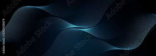Dark background with glowing wavy blue lines. Minimalist design with dynamic curved line style. Vector VOL. 2