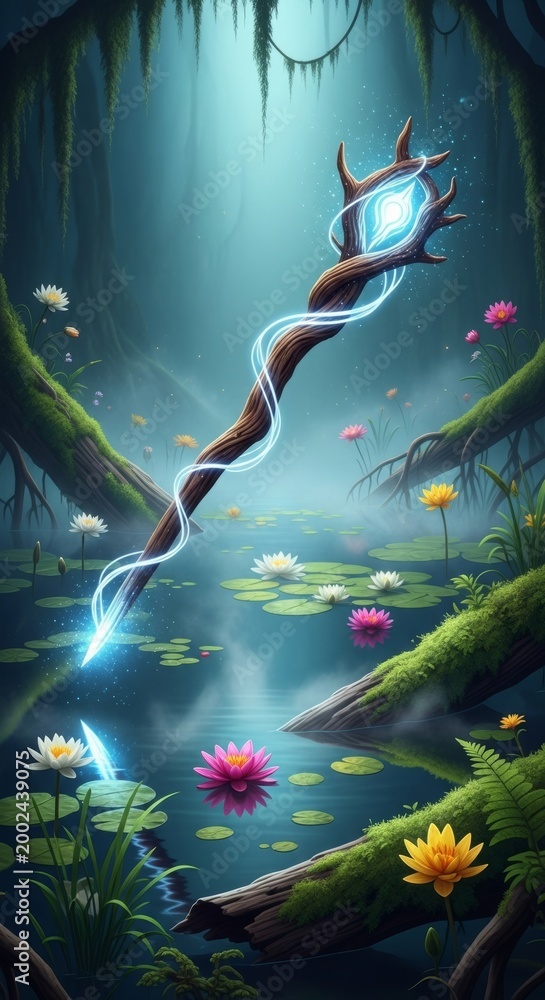 Obraz premium An ancient wooden staff glows with ethereal light as it floats above a misty swamp filled with blooming lilies and lush green vegetation, swamp, ancient, blossoms