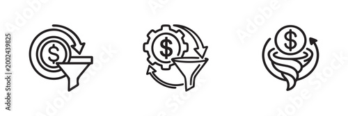 Revenue targeting icon, funnel with dollar symbol, rotating arrow, conversion goal, tracking, marketing ROI vector design