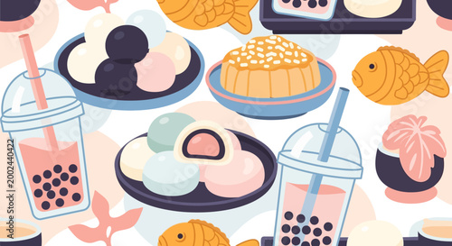Seamless Pattern of Kawaii Asian Desserts and Snacks Illustration with Mochi, Boba Tea, Taiyaki, and Mooncake