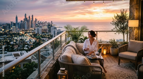 High rise terrace at sunset with woman champagne and ocean skyline