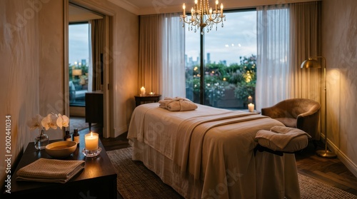 Spa treatment suite with chandelier and garden terrace