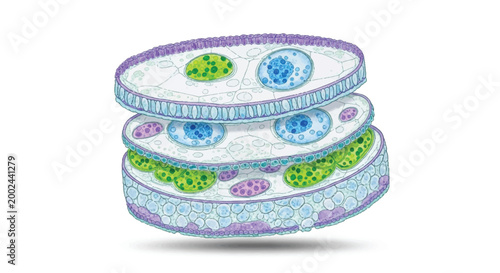 Stylized illustration of plant cell layers with nuclei and organelles cell structure cell wall education organelle cytoplasm botanical cellular