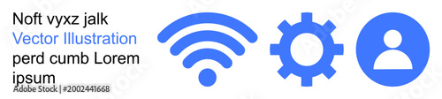 Connectivity, user interface, technology, settings, communication, digital systems. wireless icon, gear icon and user icon in blue. Connectivity and user interface