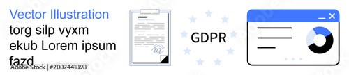 Data privacy, online security, legal compliance, professional documentation, corporate regulations, digital rights. A GDPR-compliant document and chart icons. Data privacy and legal compliance