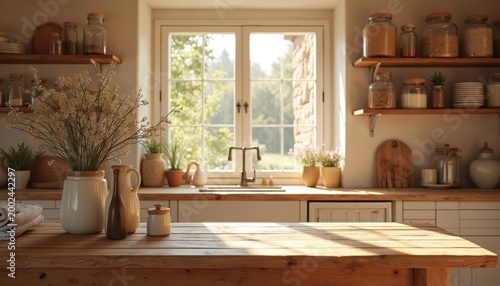 Sunlit rustic kitchen interior features wooden table countertop, farmhouse sink, and open shelves with jars. A large window overlooks green foliage and stone house.